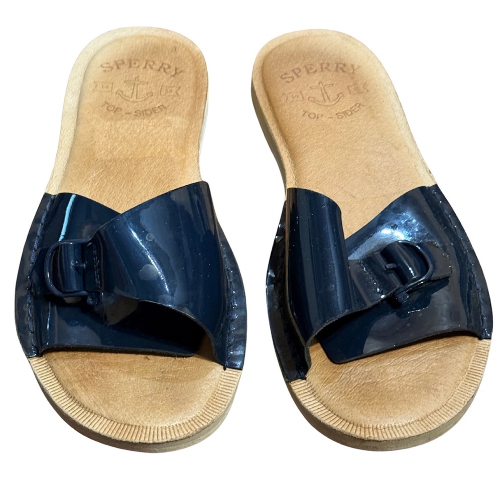 Sperry Seaport Slide‎ Sandals Women’s 6.5 Navy Patent Buckle Coastal Chic